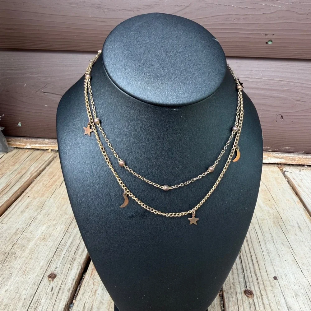 Whimsigoth Moon Star Layered Necklace Bronze Tone Celestial Dainty